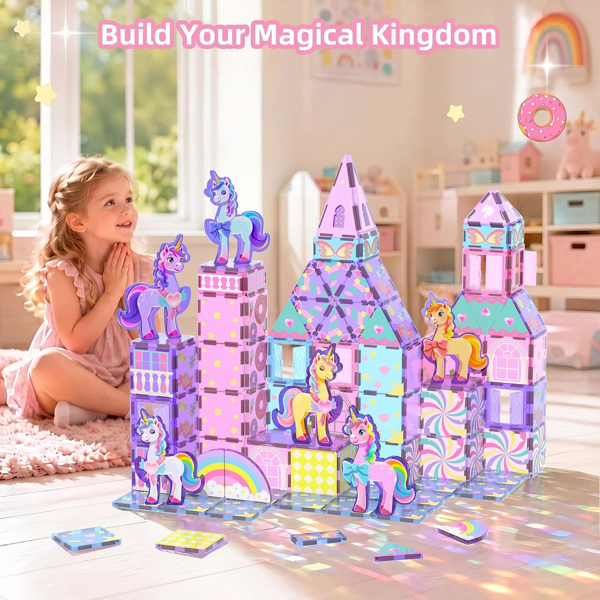 100PCS Magnetic Tiles Unicorn Toys Building Set with 6 Unicorns