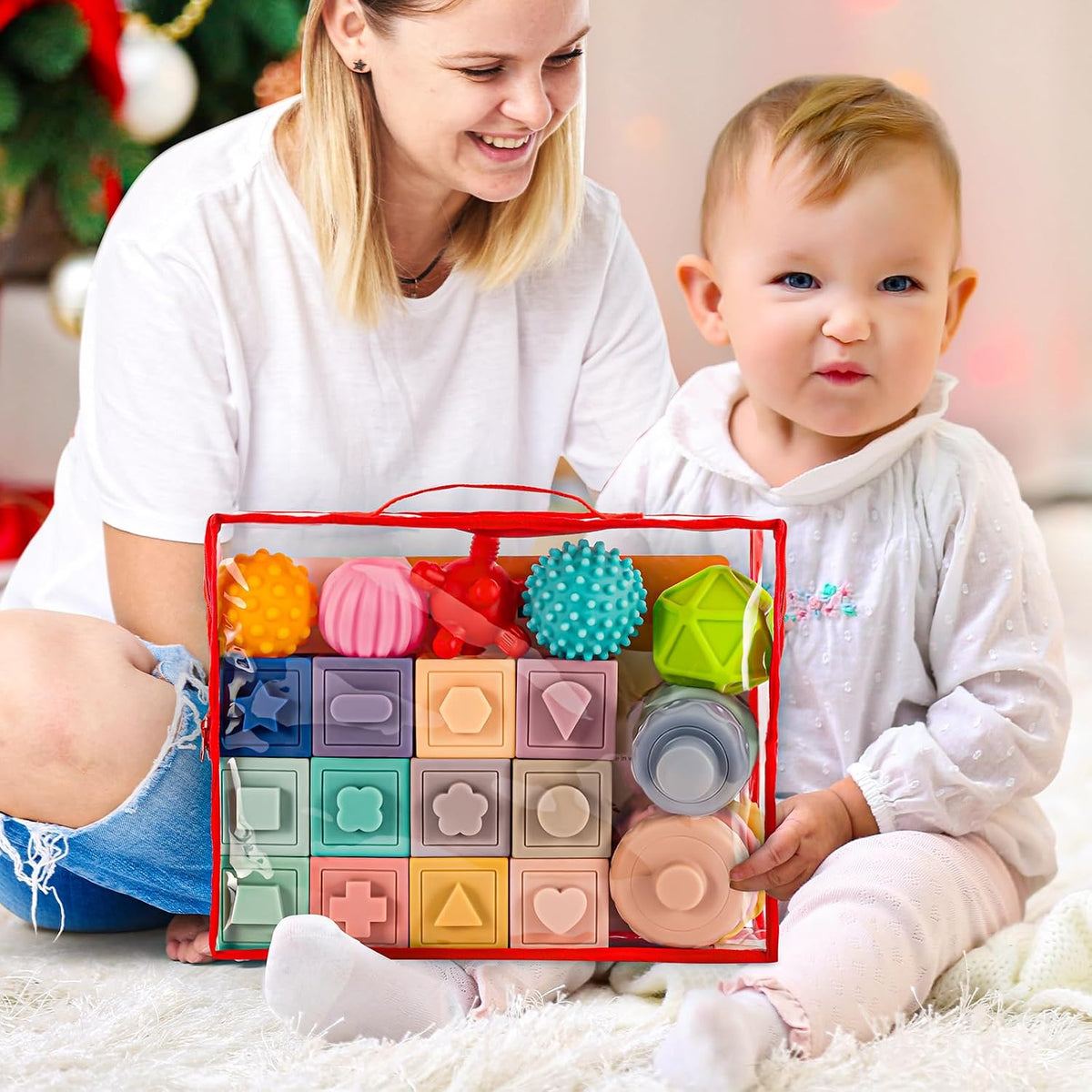 3 in 1 Baby Toys,Montessori Baby Blocks for 0-3-6-12 Months Babies