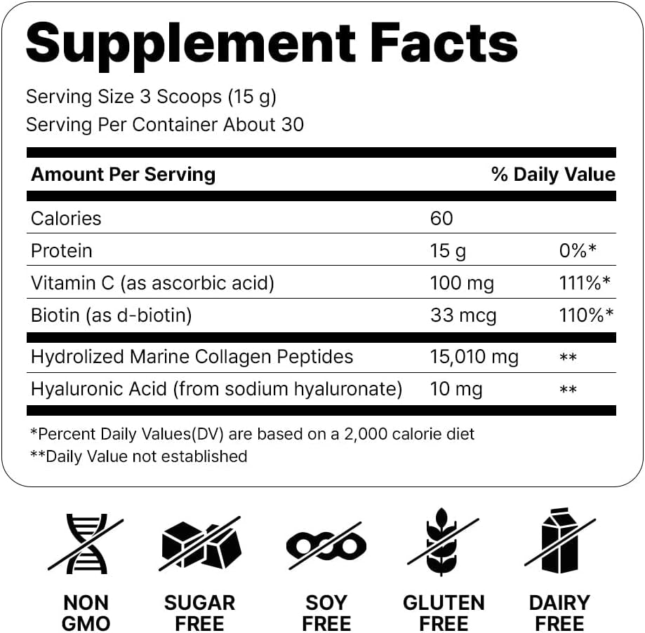 Marine Collagen Peptides - Hydrolyzed Ultra-Fine Collagen Powder for Women & Men, Hyaluronic Acid, Biotin, Vitamin C, for Skin, Hair, Nails, Joints, Non-Gmo, Unflavored, Easily Dissolved, 16Oz
