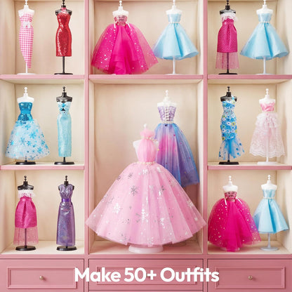 400+PCS Fashion Design Crafts for Kids, Art and Crafts, DIY Sewing Kits with 3 Mannequins for Girls Aged 8-12, Toys for Kids, Birthday Presents, Doll Clothes