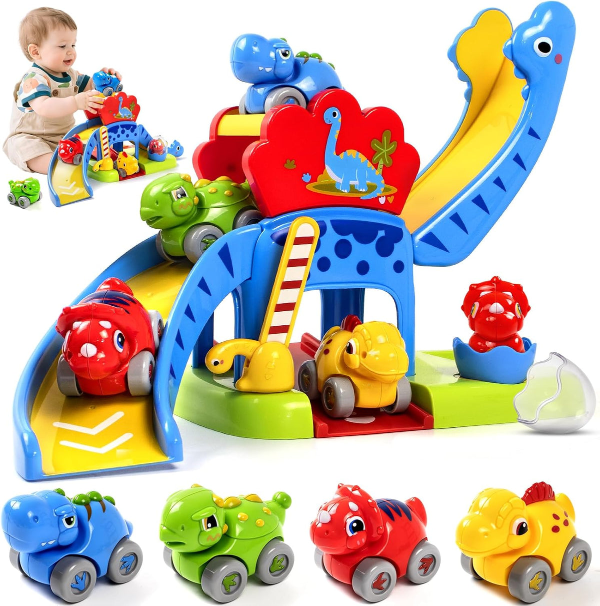 Dinosaur Race Track Slide Toy for Toddlers 1-3 Years Old Boy Girl