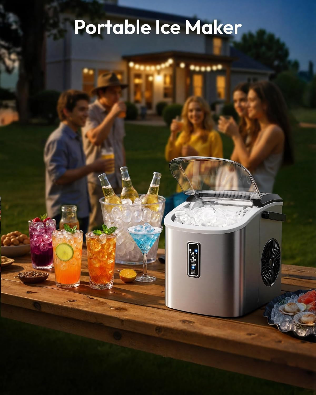 Ice Maker Countertop, 9 Cubes Ready in 6 Mins, 26Lbs/24H, Self-Cleaning, Portable Ice Maker Machine with Carry Handle, Basket and Scoop, 2 Sizes of Bullet Ice for Home, Kitchen, Office