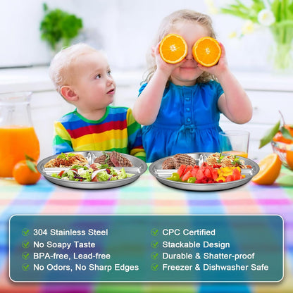 Stainless Steel Toddler Plate Set of 6, 9" Portion Control Plates Divided Plate for Adults Kids Balance Lunch, Non Slip | Unbreakable Toddler Baby Feeding Set Dishwasher Safe