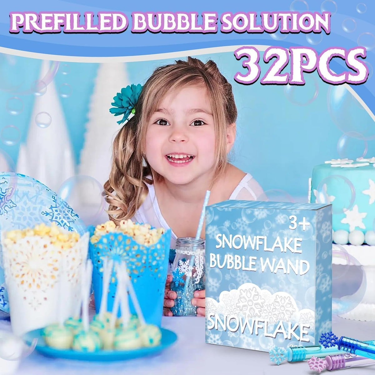Snowflake Bubble Wands Bulk, 32 Pcs 4 Color Winter Party Favor Gift Box Set