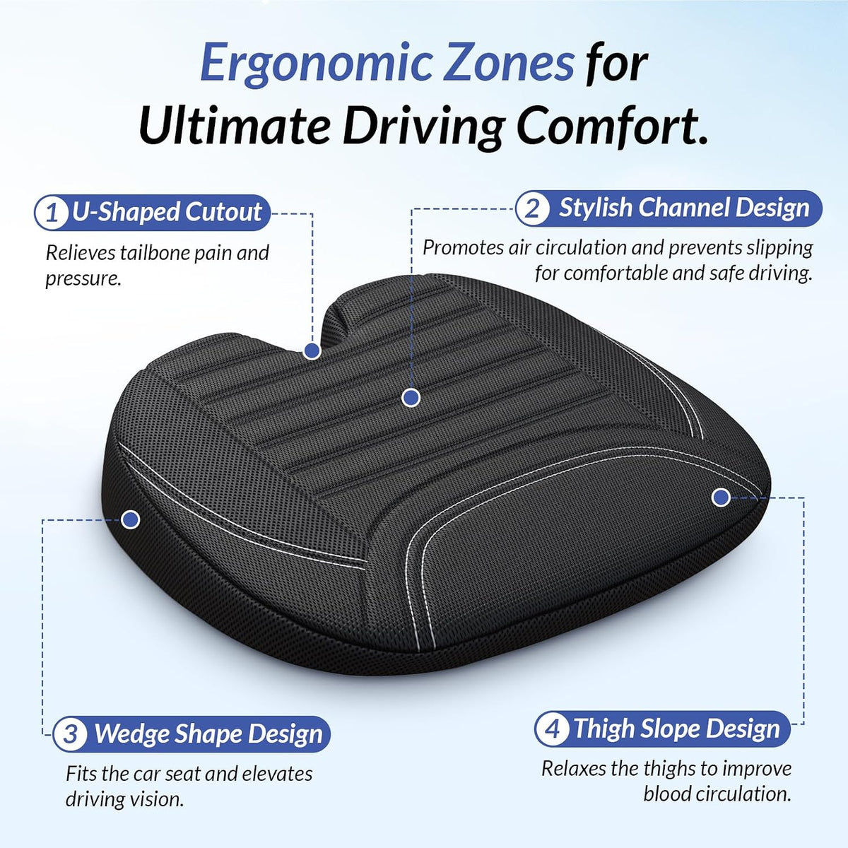 Wedge Car Seat Cushion for Tailbone Pain Relief & Better Visibility, Ergonomic Memory Foam Seat Cushion for Car with Breathable Channel Design, Fits Car, SUV, Truck, Non-Slip Mesh Cover