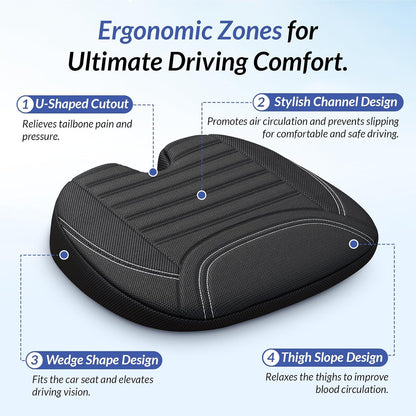Wedge Car Seat Cushion for Tailbone Pain Relief & Better Visibility, Ergonomic Memory Foam Seat Cushion for Car with Breathable Channel Design, Fits Car, SUV, Truck, Non-Slip Mesh Cover