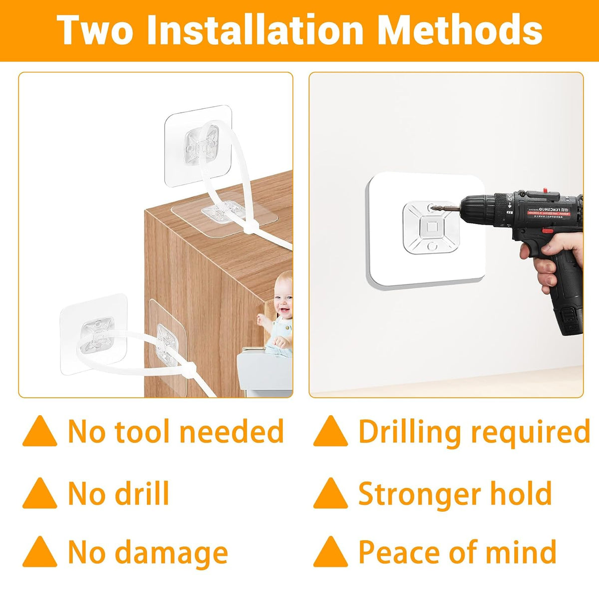 No Drill Furniture Anchors Adhesive (10 Packs) for Baby Proofing, Adjustable Anti-Tip Furniture Wall Safety Straps for Child, Keep Toddlers & Pets Safe from Falling Furniture like Dresser & Bookshelf
