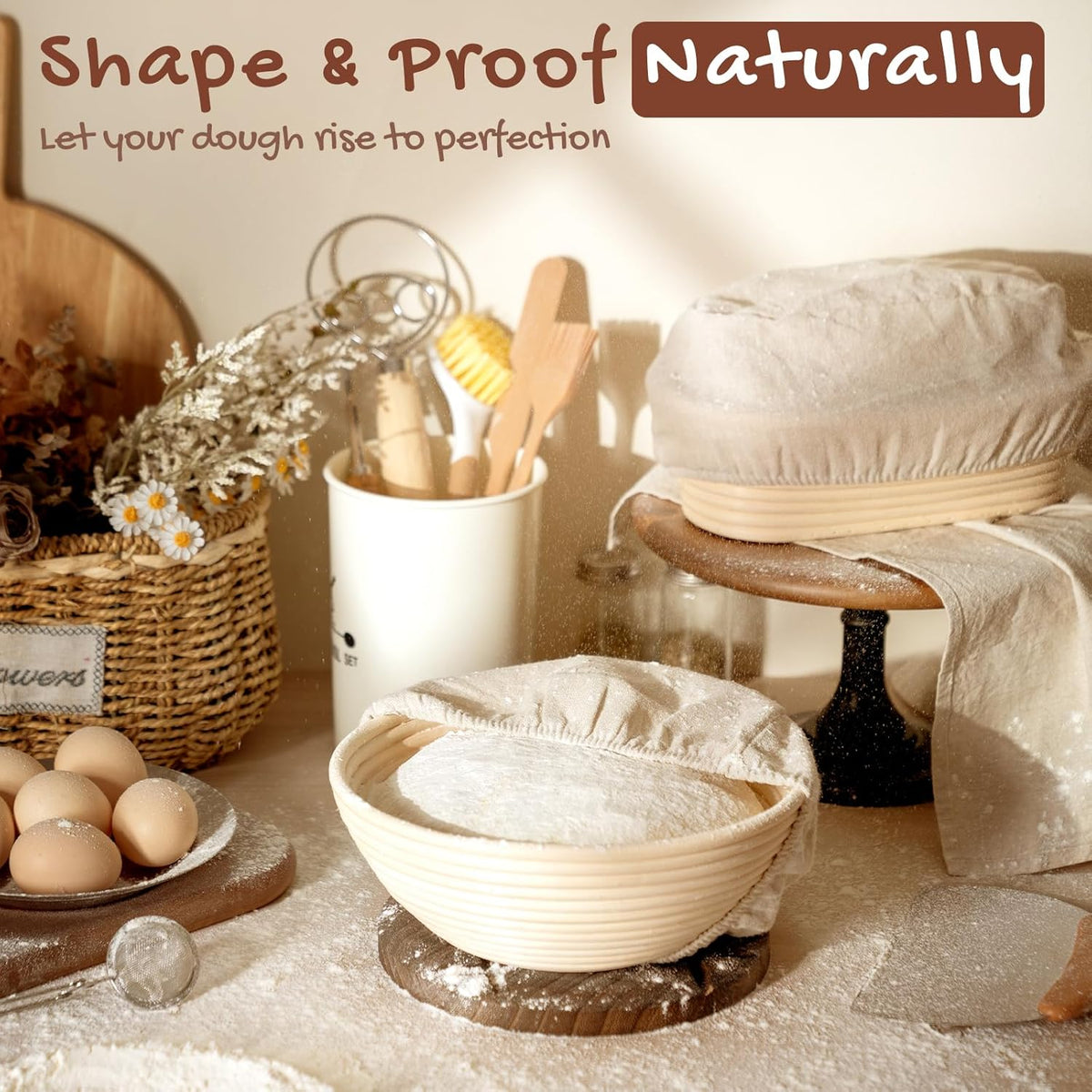 Sourdough Starter Kit with round & Oval Banneton Bread Proofing Basket, Starter Jar, Dough Whisk, Scrapers, Stencils, Complete Sourdough Bread Baking Supplies, Fathers Day Gift for Men