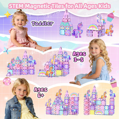 100PCS Magnetic Tiles Unicorn Toys Building Set with 6 Unicorns