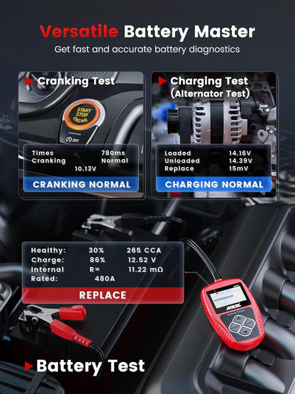 BA101 Car Battery Tester, 12V Digital Automotive Alternator Meter Diagnostic Tool,100-2000 CCA Load Capacity, Charging & Cranking Analyzer for Truck, Boat, RV, Marine Vehicle, and More