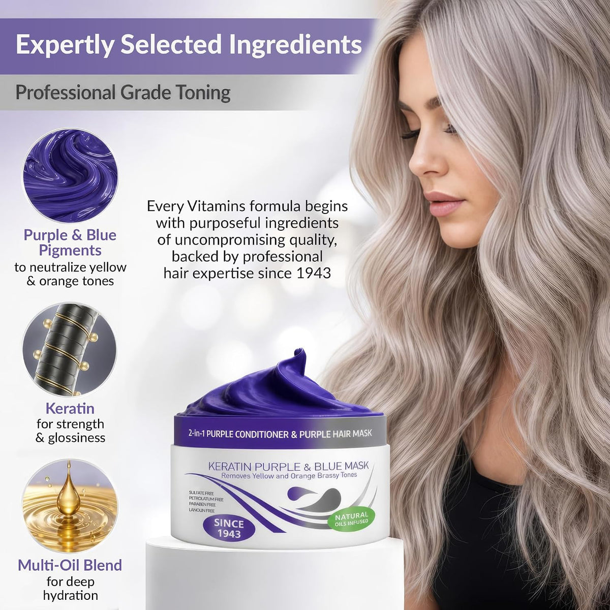 Keratin Purple Hair Mask - Blue Hair Mask Deep Conditioner Treatment - Blonde Toner to Neutralize Brassiness in Brassy Blonde, Silver, White, Gray & Brown Locks