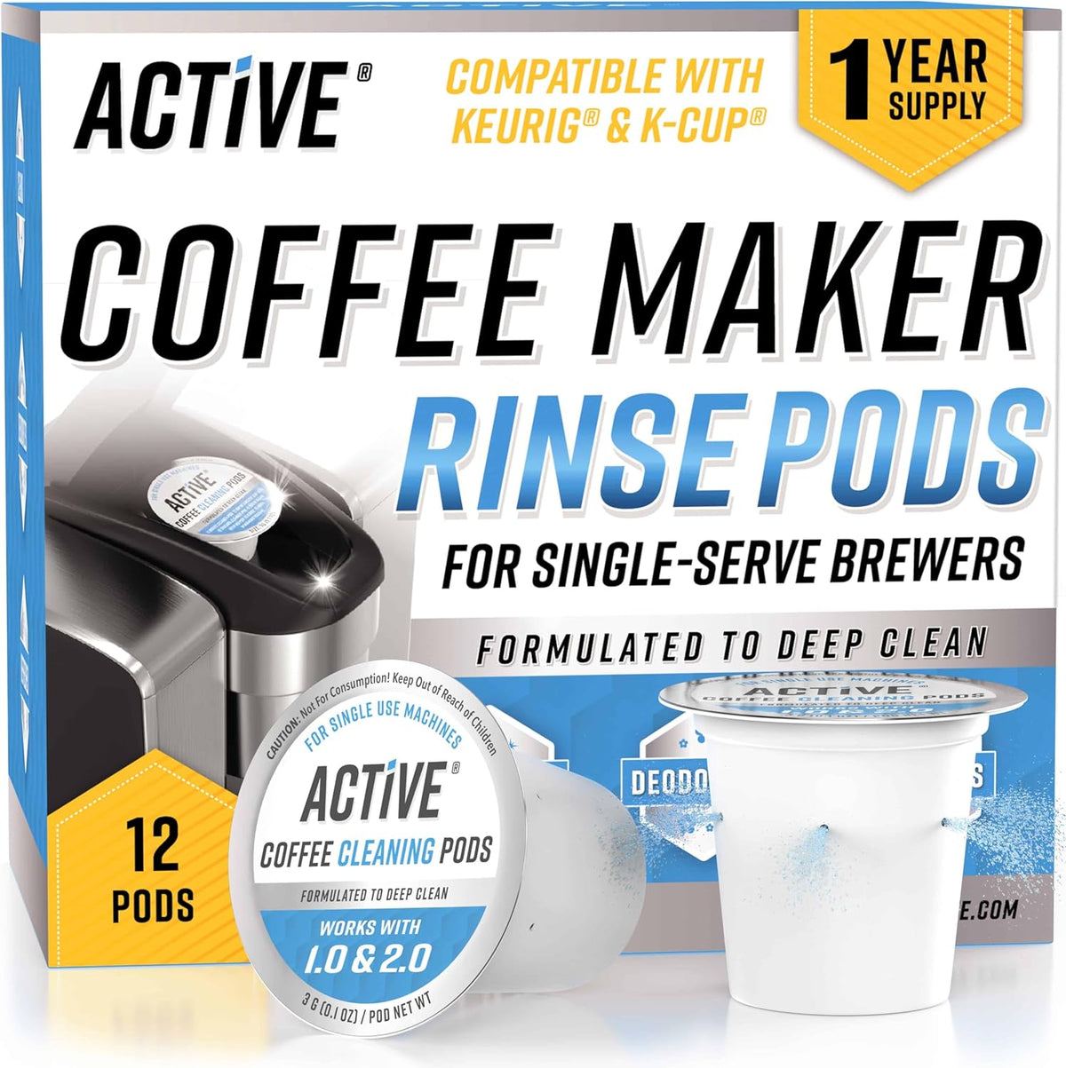 K-Cup Compatible Keurig Cleaning Pods - Quick-Rinse Cleaners for Single Serve Coffee Machine, 12 Month Coffee Maker Cleaner Kit, Brewer Clean Cups for Keurig 1.0, 2.0, Mini Machines - 12 Pack