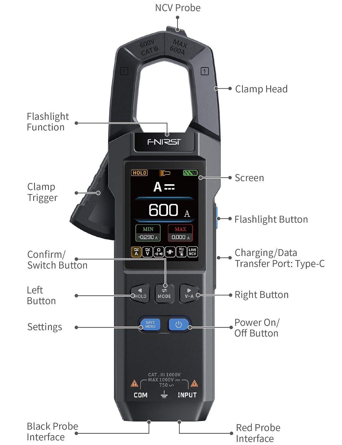 DMC-100 Clamp Meter 9999 Counts TRMS, 600A AC/DC Amp Meter