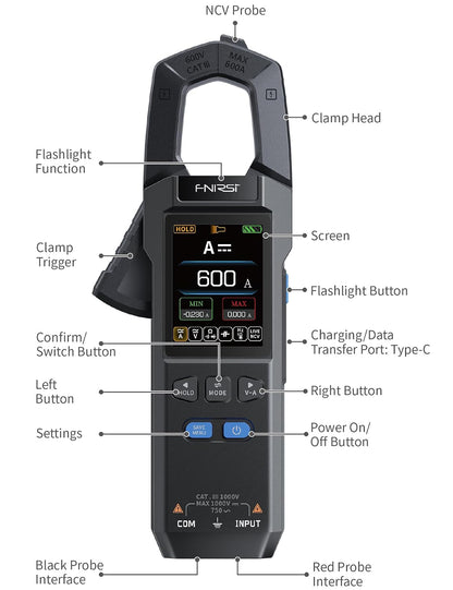 DMC-100 Clamp Meter 9999 Counts TRMS, 600A AC/DC Amp Meter