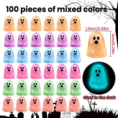 100Pcs Halloween Mini Ghosts Figures, Luminous Small Little Resin Ghost Figurines to Hide Glow in the Dark Tiny Statue for Halloween Party Favors Dollhouse Decorations Toys