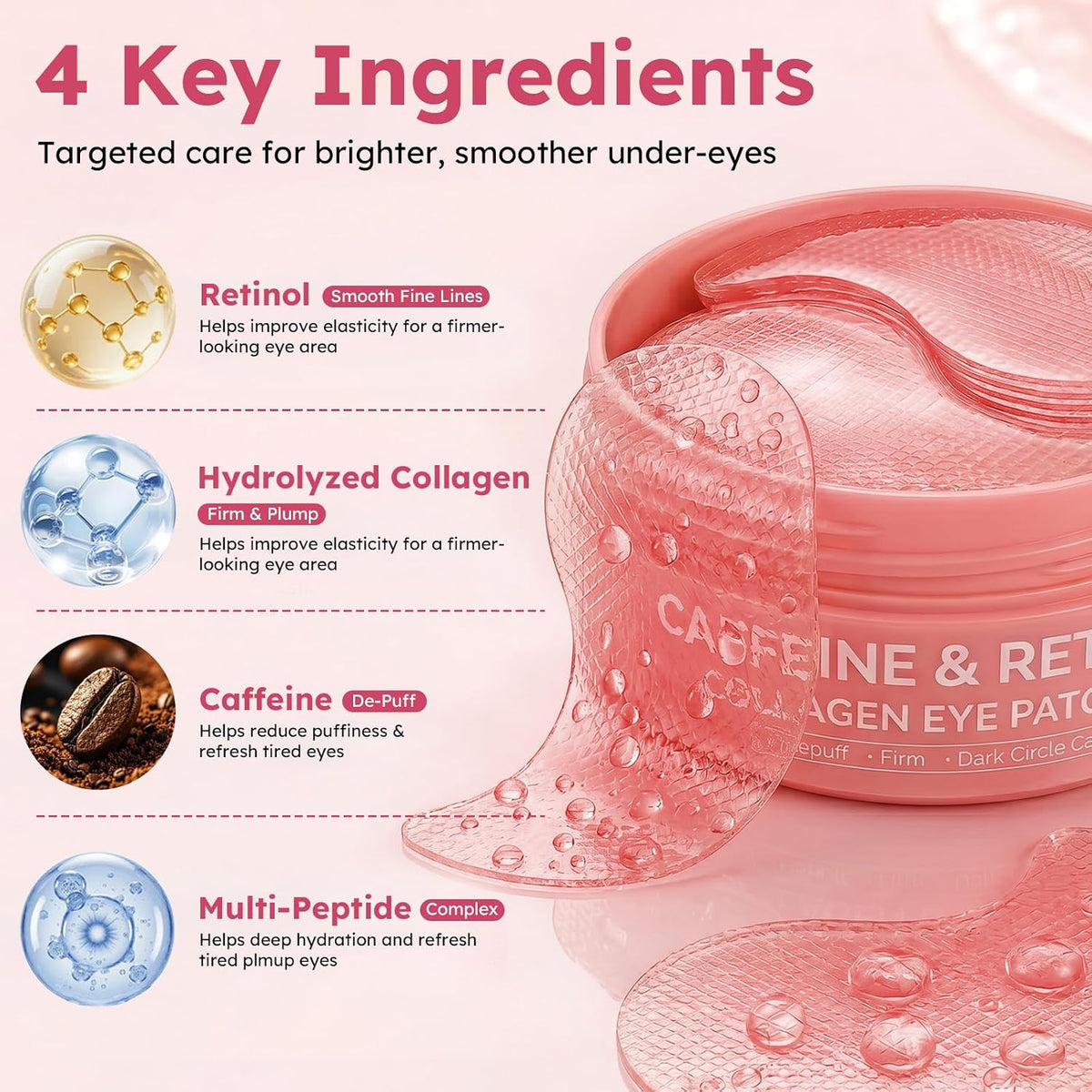 Retinol Caffeine Eye Patches, with Hydrolyzed Collagen, Peptides, 60 Pcs