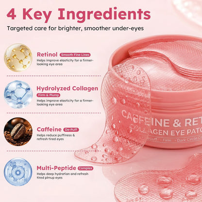 Retinol Caffeine Eye Patches, with Hydrolyzed Collagen, Peptides, 60 Pcs
