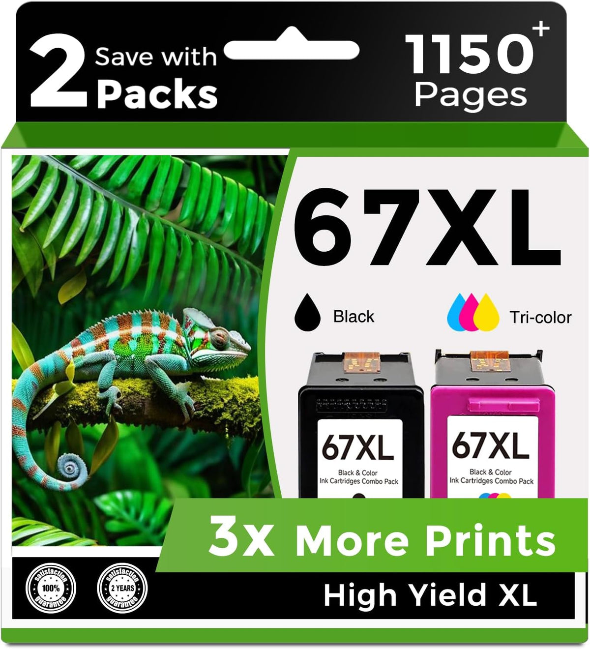 67XL Ink Cartridges Black/Color Combo Pack Replacement for HP 67 Ink XL