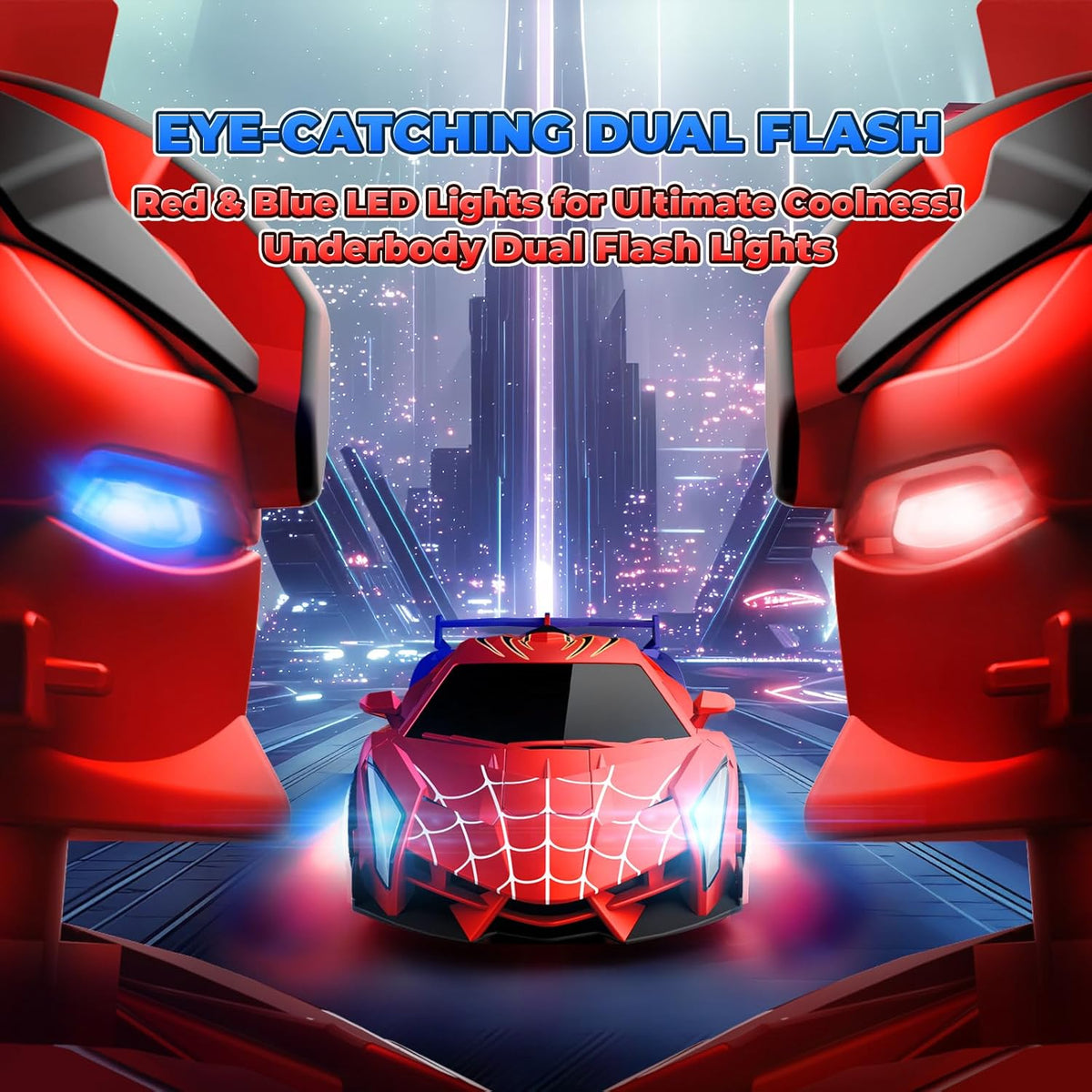 Spider Transform RC Cars Toys with Eye & Underbody Lights, 2.4Ghz Remote Control Car One-Button Deformation, Fast 360°Rotation Robot Toys Birthday Gifts for 3 4 5 6 7 8 9 10 Year Old Boys Age 4-7 8-12