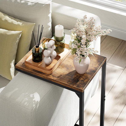 C Shaped End Table, TV Tray for Couch, Small Side Table with Metal Frame, for Living Room Bedroom, Rustic Brown