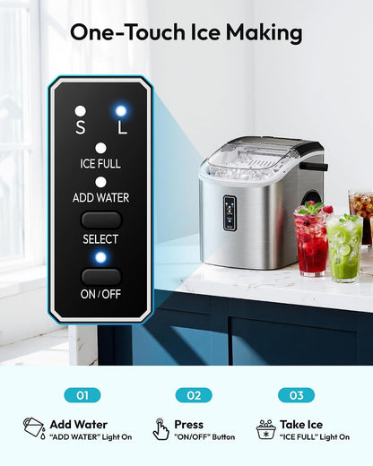 Ice Maker Countertop, 9 Cubes Ready in 6 Mins, 26Lbs/24H, Self-Cleaning, Portable Ice Maker Machine with Carry Handle, Basket and Scoop, 2 Sizes of Bullet Ice for Home, Kitchen, Office
