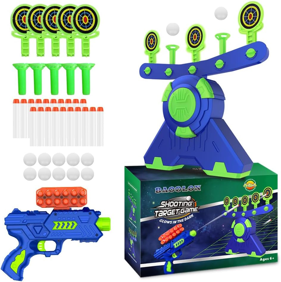 Shooting Games Toy for Age 5, 6, 7, 8, 9, 10+ Years Old Kids, Boys - Glow in the Dark Floating Ball Target with Foam Dart Toy Gun, 10 Balls/5 Targets - Ideal Gift
