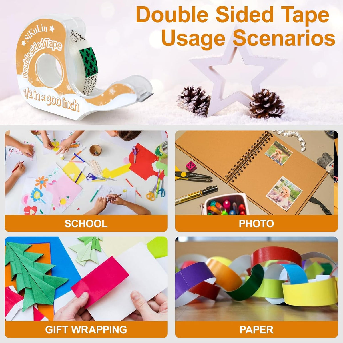 Tape,Gift Wrapping Tape, 6 Rolls with Dispensers, Includes Invisible, Double-Sided and Clear Tape for Wrapping Paper, Back to School, Home, Office, Christmas, Holiday