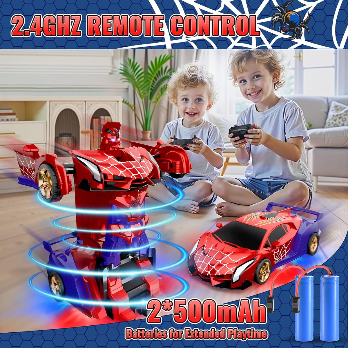 Spider Transform RC Cars Toys with Eye & Underbody Lights, 2.4Ghz Remote Control Car One-Button Deformation, Fast 360°Rotation Robot Toys Birthday Gifts for 3 4 5 6 7 8 9 10 Year Old Boys Age 4-7 8-12