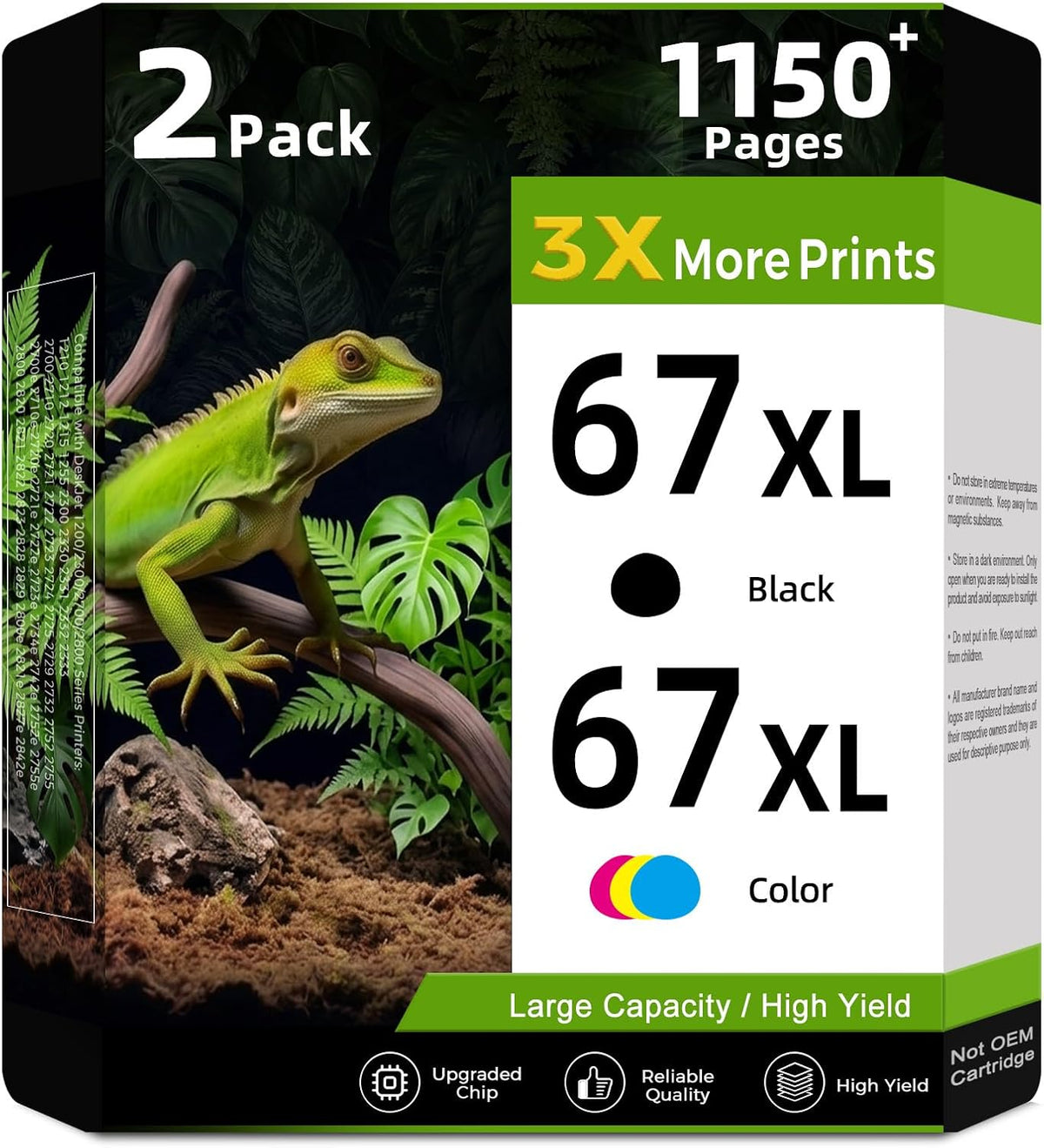 67XL Ink Cartridges Black/Color Combo Pack Replacement for HP Ink 67 XL 2PK