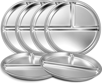 Stainless Steel Toddler Plate Set of 6, 9" Portion Control Plates Divided Plate for Adults Kids Balance Lunch, Non Slip | Unbreakable Toddler Baby Feeding Set Dishwasher Safe