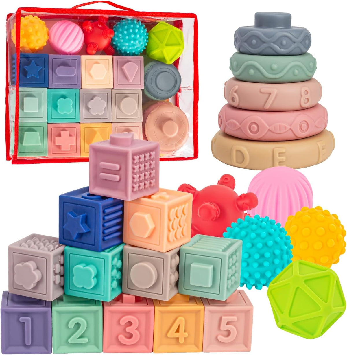 3 in 1 Baby Toys,Montessori Baby Blocks for 0-3-6-12 Months Babies
