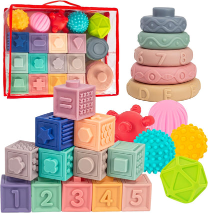 3 in 1 Baby Toys,Montessori Baby Blocks for 0-3-6-12 Months Babies