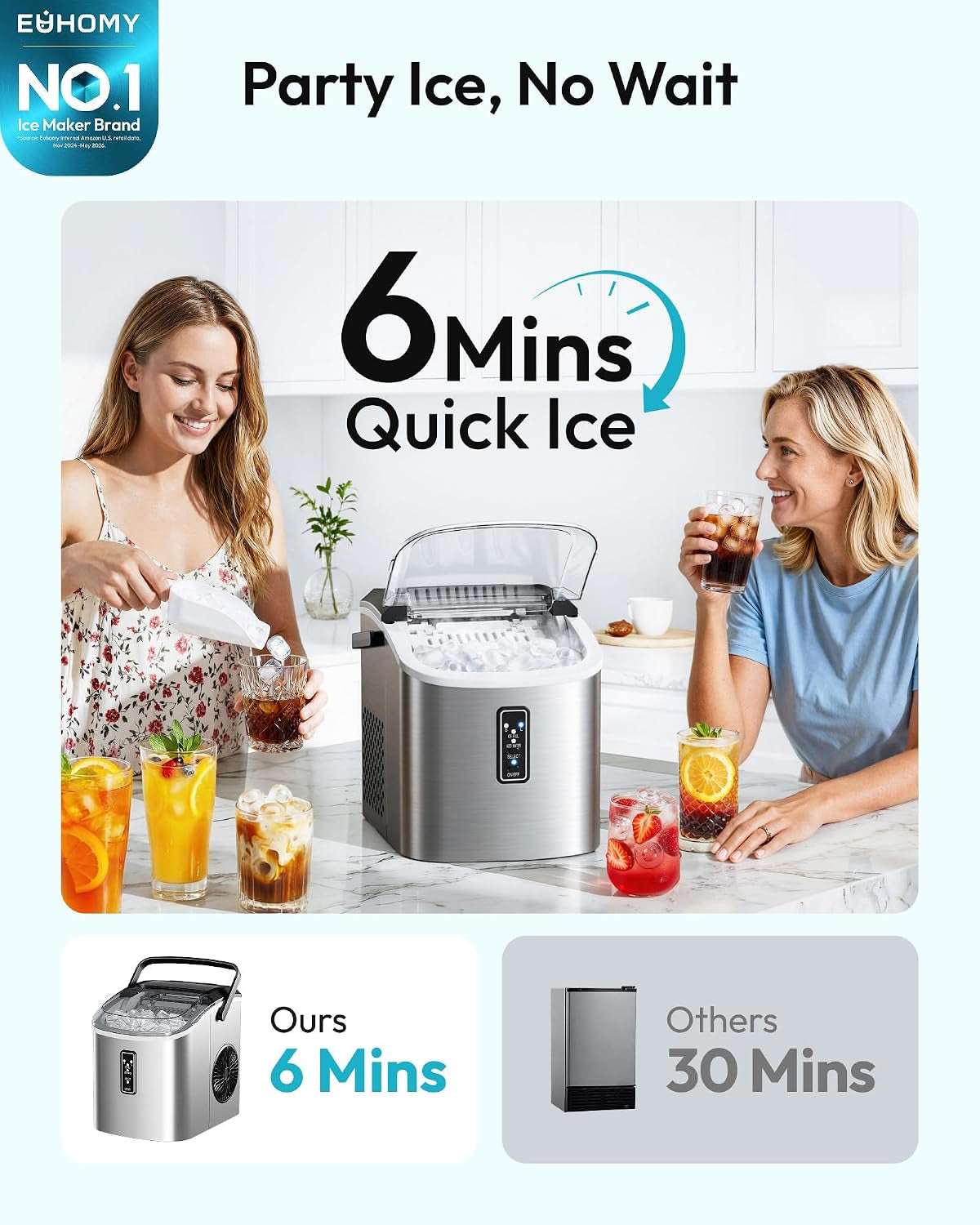 Ice Maker Countertop, 9 Cubes Ready in 6 Mins, 26Lbs/24H, Self-Cleaning, Portable Ice Maker Machine with Carry Handle, Basket and Scoop, 2 Sizes of Bullet Ice for Home, Kitchen, Office