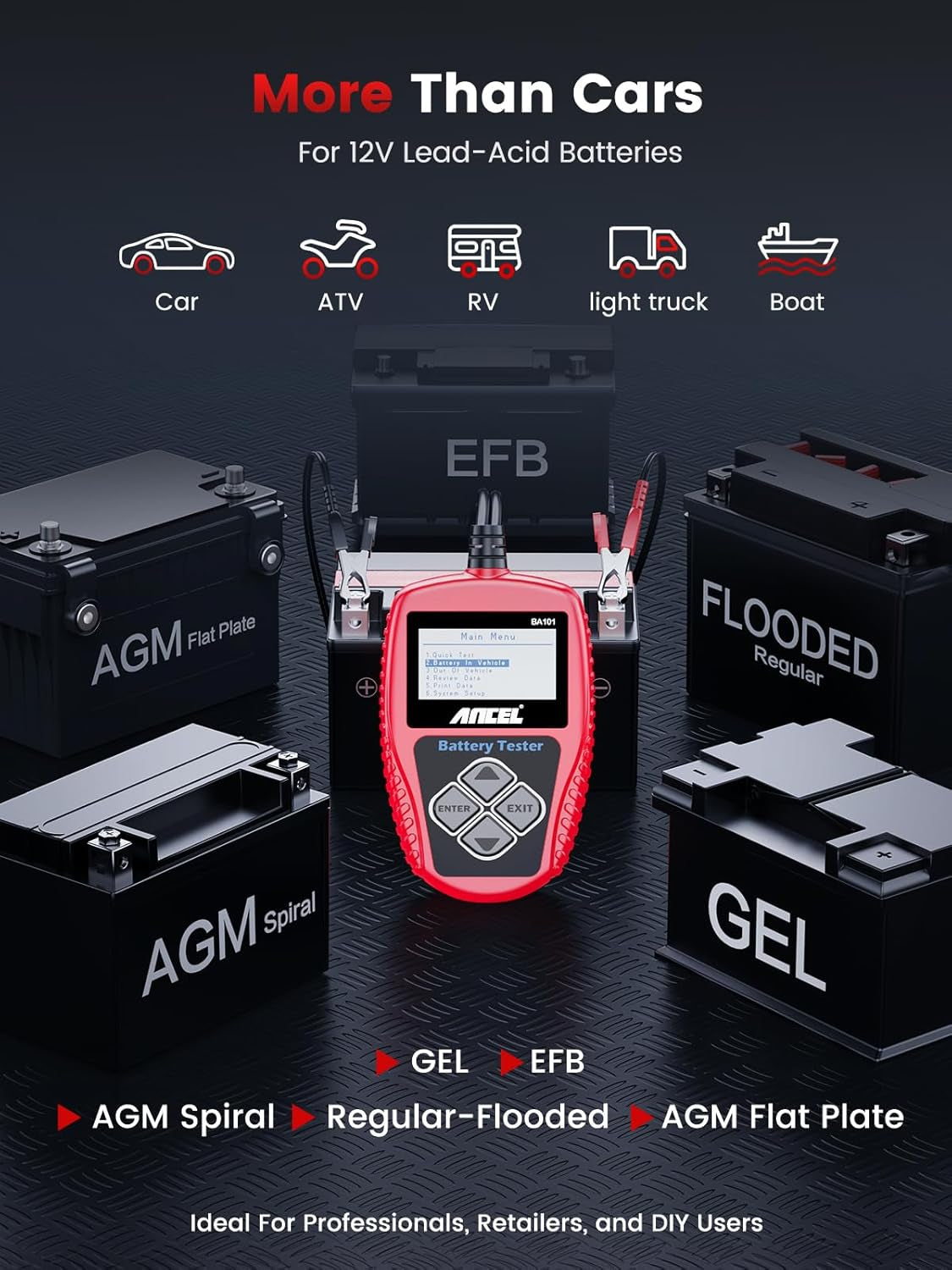 BA101 Car Battery Tester, 12V Digital Automotive Alternator Meter Diagnostic Tool,100-2000 CCA Load Capacity, Charging & Cranking Analyzer for Truck, Boat, RV, Marine Vehicle, and More