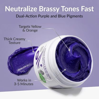 Keratin Purple Hair Mask - Blue Hair Mask Deep Conditioner Treatment - Blonde Toner to Neutralize Brassiness in Brassy Blonde, Silver, White, Gray & Brown Locks
