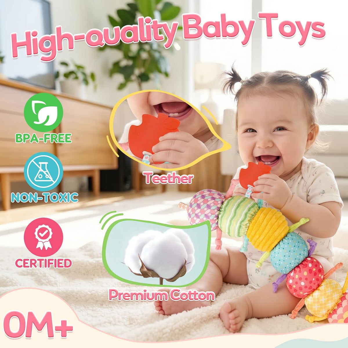 Baby Sensory Toys 0-6 Months Musical Stuffed Caterpillar Tummy Time Toys