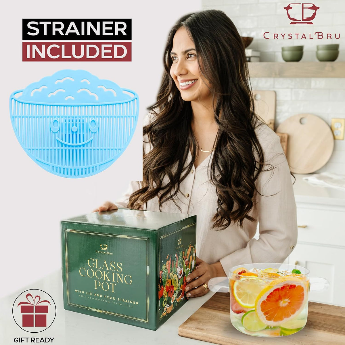 2L Clear Glass Simmer Pot with Lid & Strainer | Heat-Resistant Borosilicate Glass Pot for Potpourri | Simmer Pot for Home Fragrance | Glass Pots for Cooking on Stove | Anti-Scald Handles