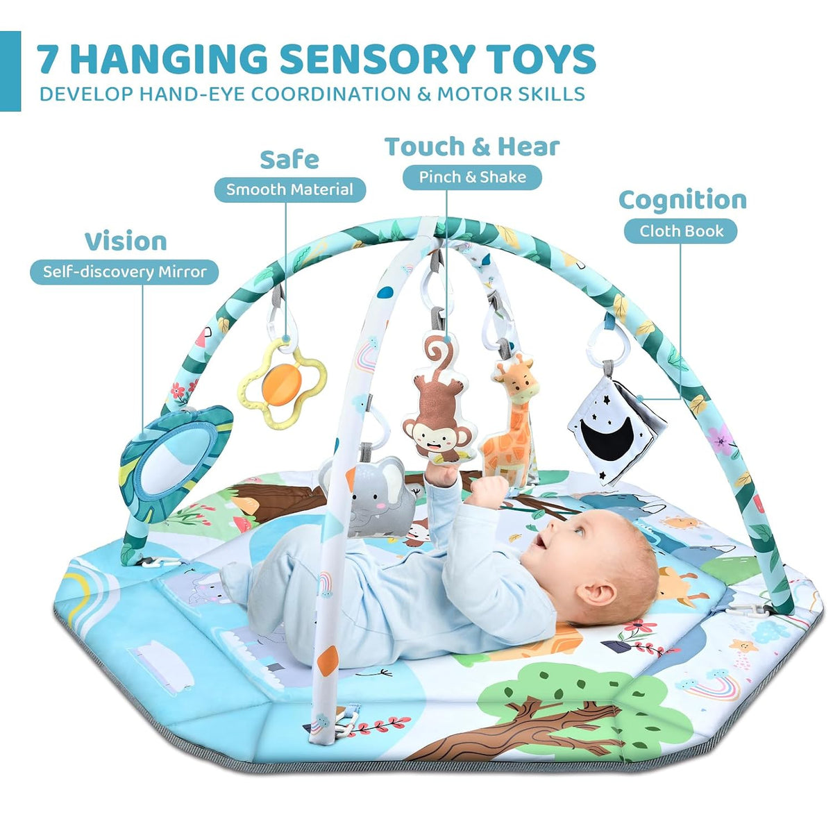 Baby Gym Play Mat, 8-In-1 Tummy Time Mat & Ball Pit with 6 Toys, Washable Baby Activity Play Mat for Visual, Hearing, Sensory, Motor Development, Baby Toys Gift for Toddler Infant 0-3-6-9-12 Months