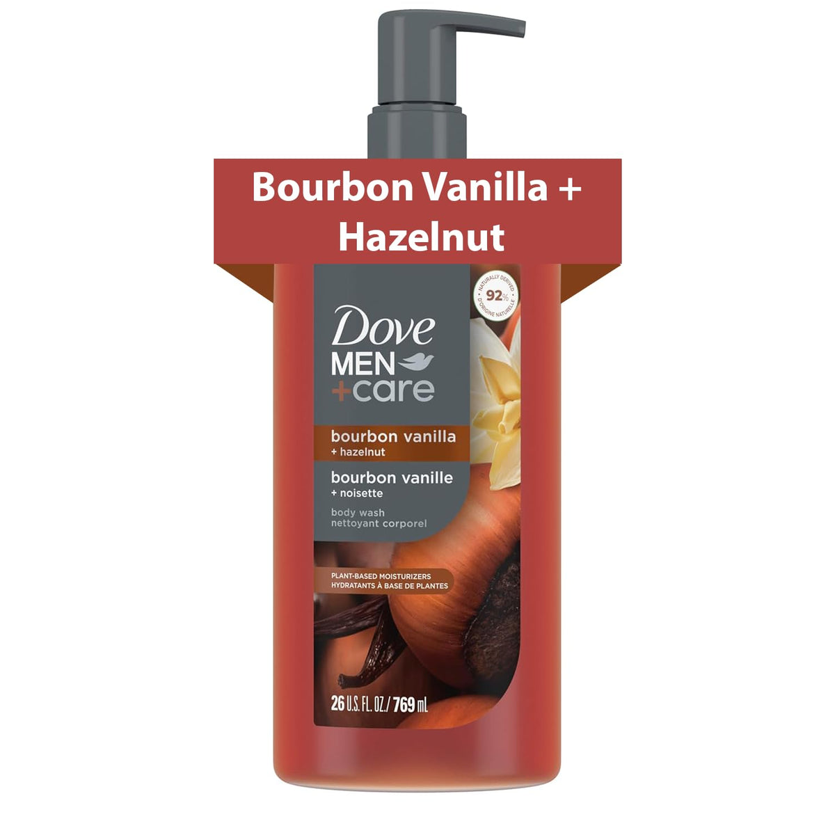 Dove Men Moisturizing Body Wash, Bourbon Vanilla + Hazelnut, 26 Oz