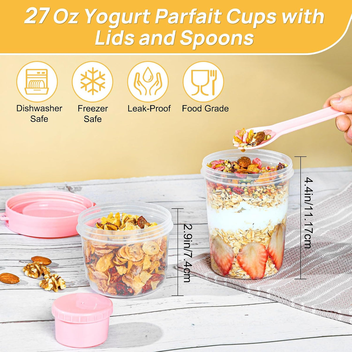 Yogurt Parfait Cups, 4 Pack, 27Oz, with Lids & Spoons