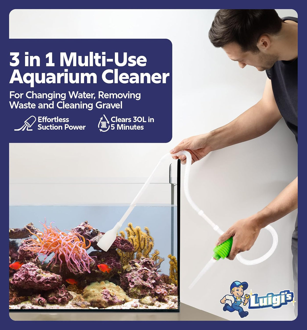 Fish Tank Cleaner - Turtle Tank Accessories - Gravel Vacuum for Aquarium - Hand Siphon Hose to Remove and Change Water or Sand in Minutes - Aquarium Cleaning Tools