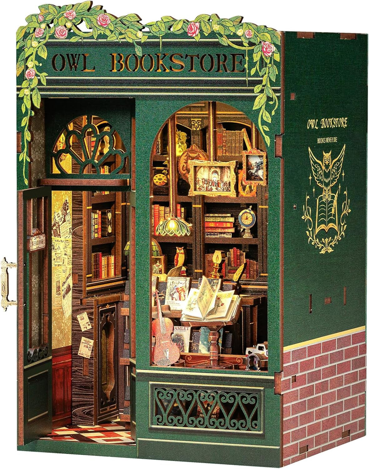 Book Nook Kit - DIY Miniature House Kit for Adults, Teens and Beginners, Dollhouse Booknook Library Tiny House Bookshelf Decor 3D Wooden Puzzle, Gifts for Family, Friends (Owl Bookstore)