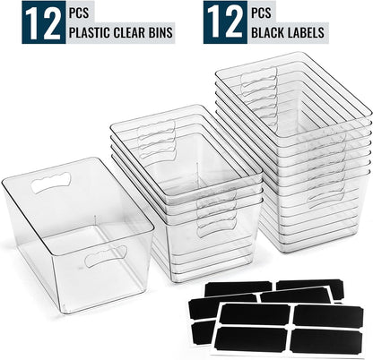 12 PACK LARGE Sturdy Clear Storage Bins, Plastic Home Pantry Organizer Bins