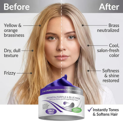 Keratin Purple Hair Mask - Blue Hair Mask Deep Conditioner Treatment - Blonde Toner to Neutralize Brassiness in Brassy Blonde, Silver, White, Gray & Brown Locks