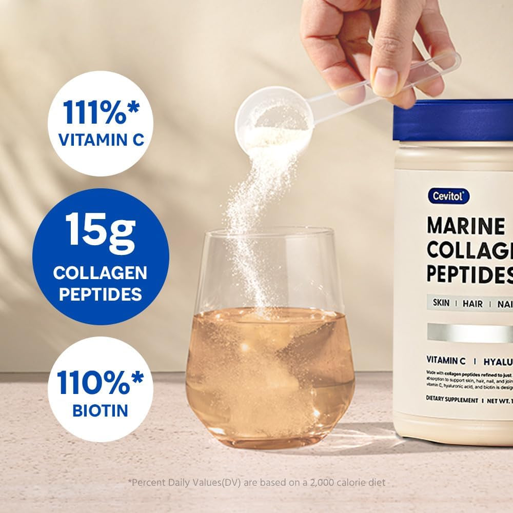 Marine Collagen Peptides - Hydrolyzed Ultra-Fine Collagen Powder for Women & Men, Hyaluronic Acid, Biotin, Vitamin C, for Skin, Hair, Nails, Joints, Non-Gmo, Unflavored, Easily Dissolved, 16Oz