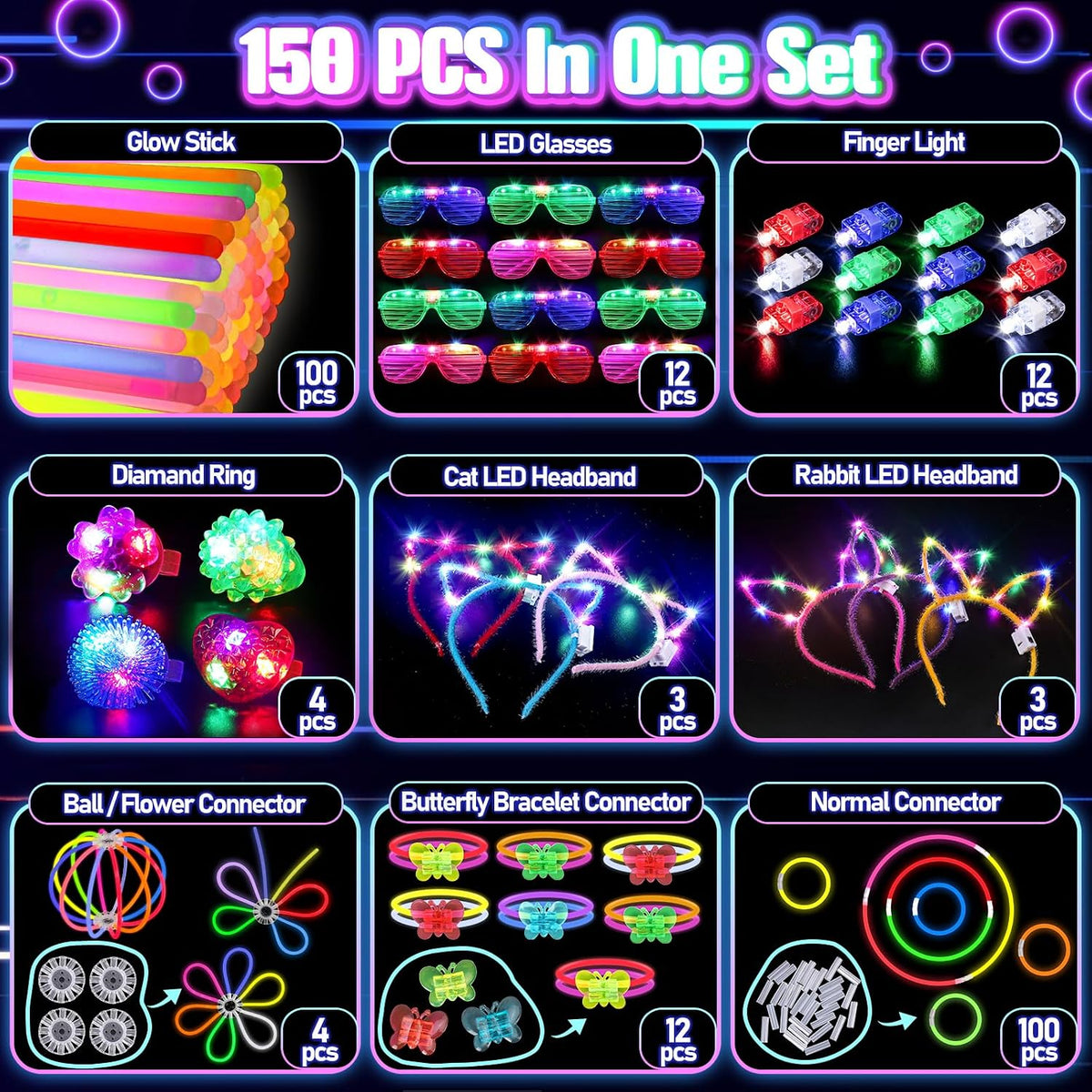 150Pcs Glow in the Dark Party Supplies for Kids and Adults