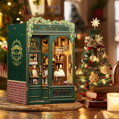Book Nook Kit - DIY Miniature House Kit for Adults, Teens and Beginners, Dollhouse Booknook Library Tiny House Bookshelf Decor 3D Wooden Puzzle, Gifts for Family, Friends (Owl Bookstore)