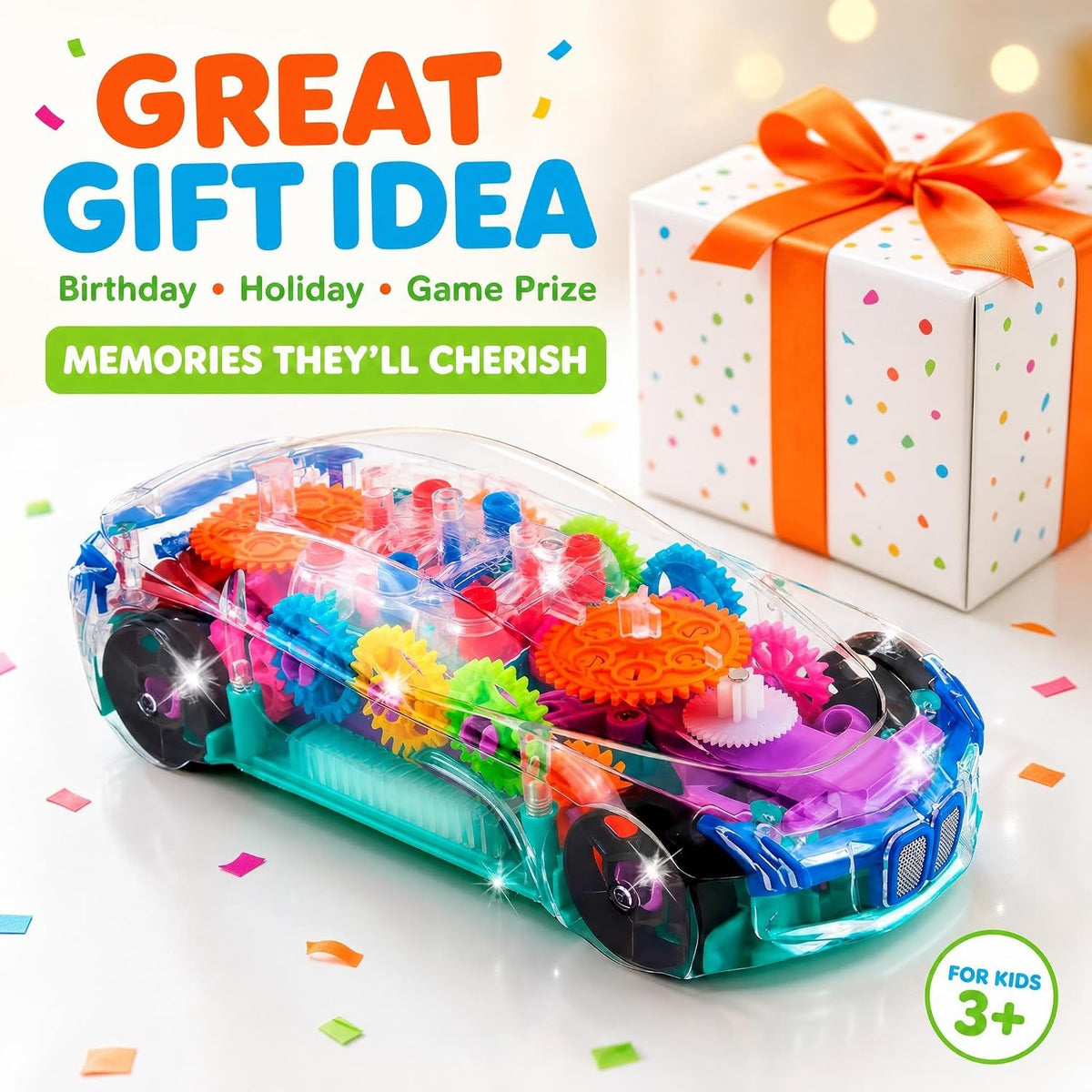 Light-Up Transparent Sensory Car Toy, Bump-And-Go, Ages 3+
