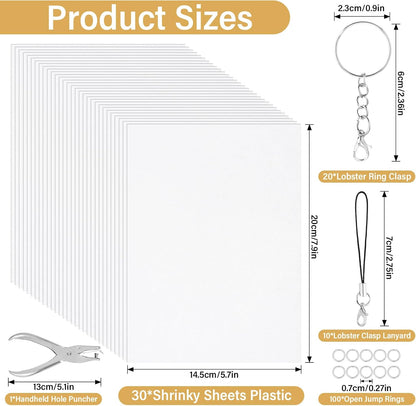 161 Pcs Shrink Paper Keychain Kit,30 Shrink Plastic Sheets for Kids