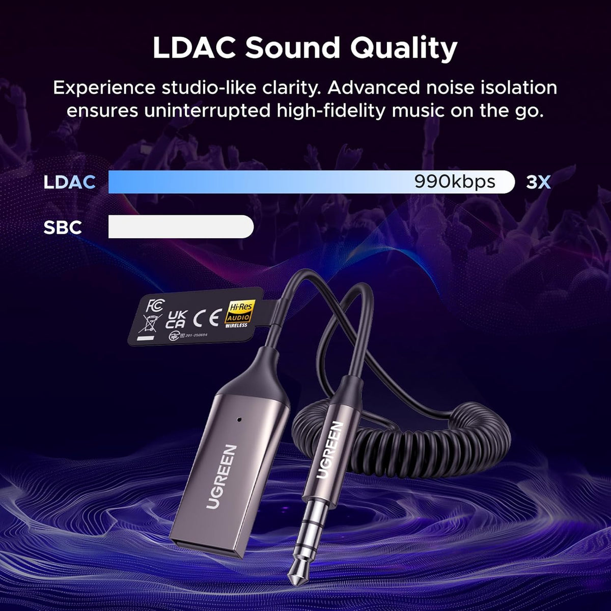 Aux to Bluetooth 6.0 Car Adapter with LDAC, 3.5Mm Aux Adapter Built-In Microphone, Car Bluetooth Audio Receiver for Hands-Free Calls Compatible with Speaker & Home Audio